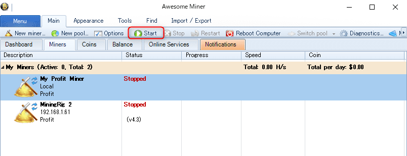 Awesome Miner - Start