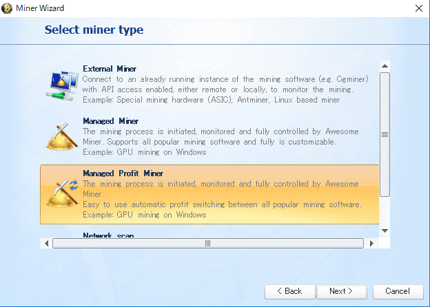 Awesome Miner - miner type